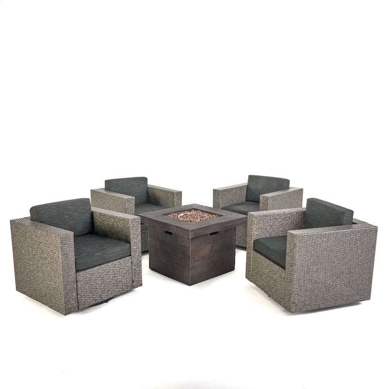 Puerta Outdoor 4-piece Wicker Swivel Chair Set with Square Firepit by Christopher Knight Home