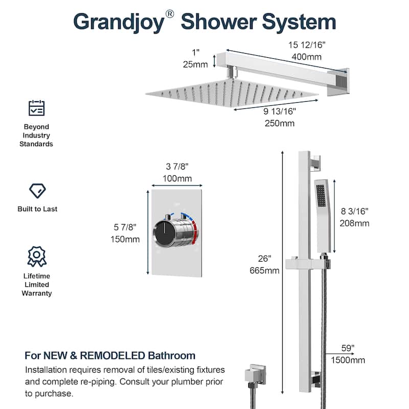 GRANDJOY 10" Rainfall Shower Head Wall Mounted Shower System and Handheld Spray with Slide Bar