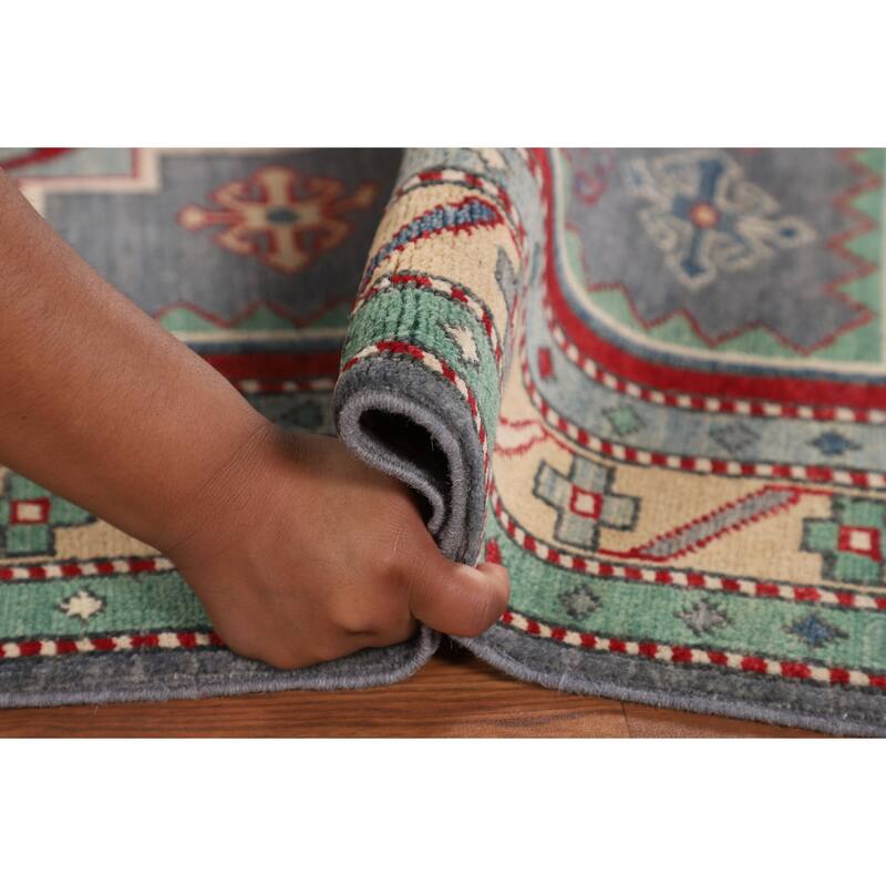 Gray Geometric Kazak Foyer Rug Hand-Knotted Traditional Wool Carpet - 3'4" x 4'9"