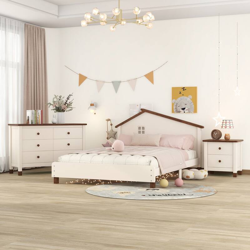 3-Pieces Bedroom Sets Full Size Platform Bed with Nightstand and Storage dresser,White+Gray - Cream