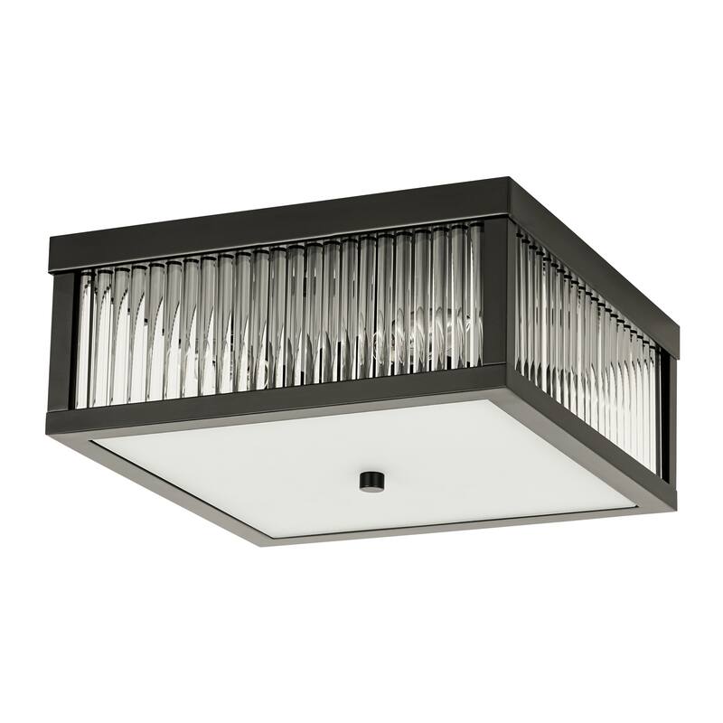 12.2 in. 4-Light Industrial Black/Gold Square Flush Mount Ceiling Light with Clear Glass Rods