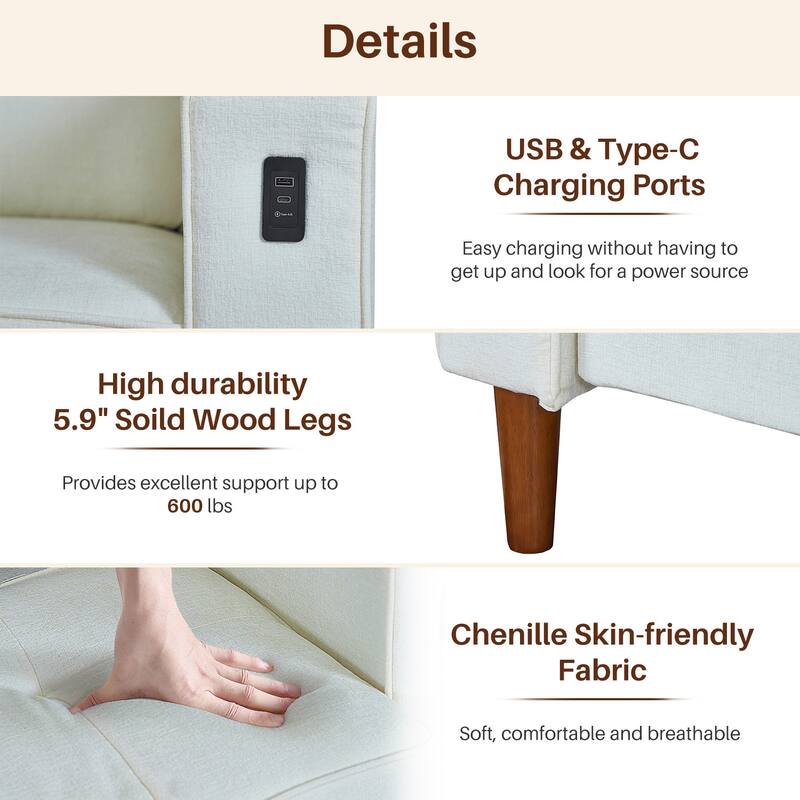 Modern 82.68 " Chenille Upholstered Sofa Loveseat Sofa with USB Ports for Living Space