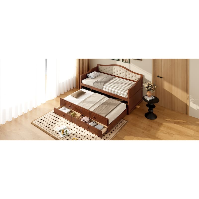 Twin Daybed with Trundle and Storage Drawers, Upholstered Button Tufted Sofa Bed for Living Room, Bedroom, Guest Room, Walnut