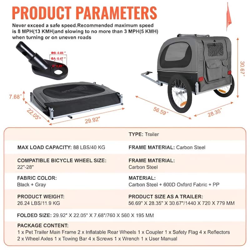 Dog Bike Trailer, Supports up to 88 lbs, Pet Cart Bicycle Carrier, Easy Folding Frame with Quick Release Wheels, Universal Bicy