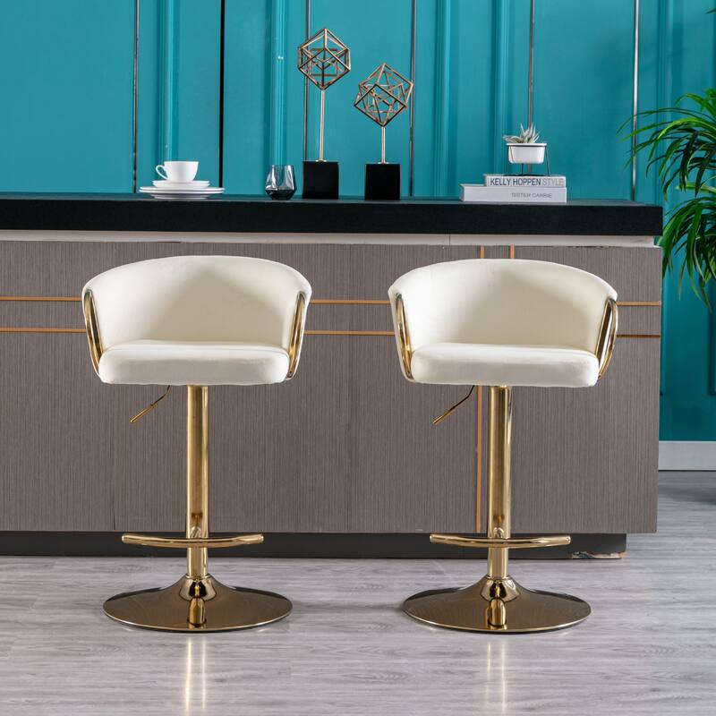 2 Velvet Bar Stools with Chrome Footrest and Base Swivel Height Adjustable - N/A
