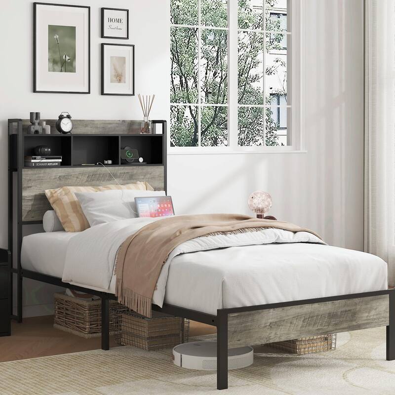 Platform Bed Frame with Storage & USB Ports, No Box Spring Needed