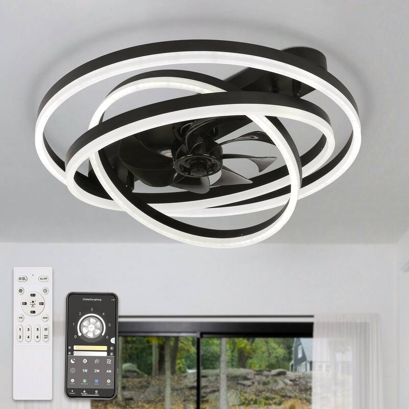 Bella Depot 24 Inch Modern Flush Mount Ceiling Fan with Dimmable Light, 6-Speed DIY Shade with Remote and APP Control - 23.6" - Black