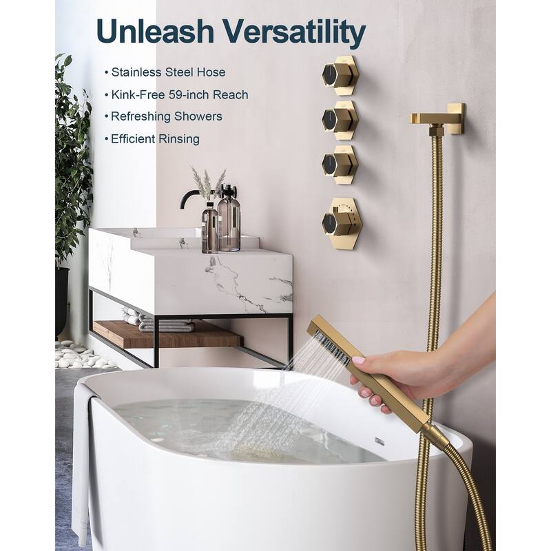 GRANDJOY Dual Shower Heads System 16 inch Ceiling and 6 inch Wall Mount Rainfall/Massage/Waterfall Mode Handheld Spray LED Music