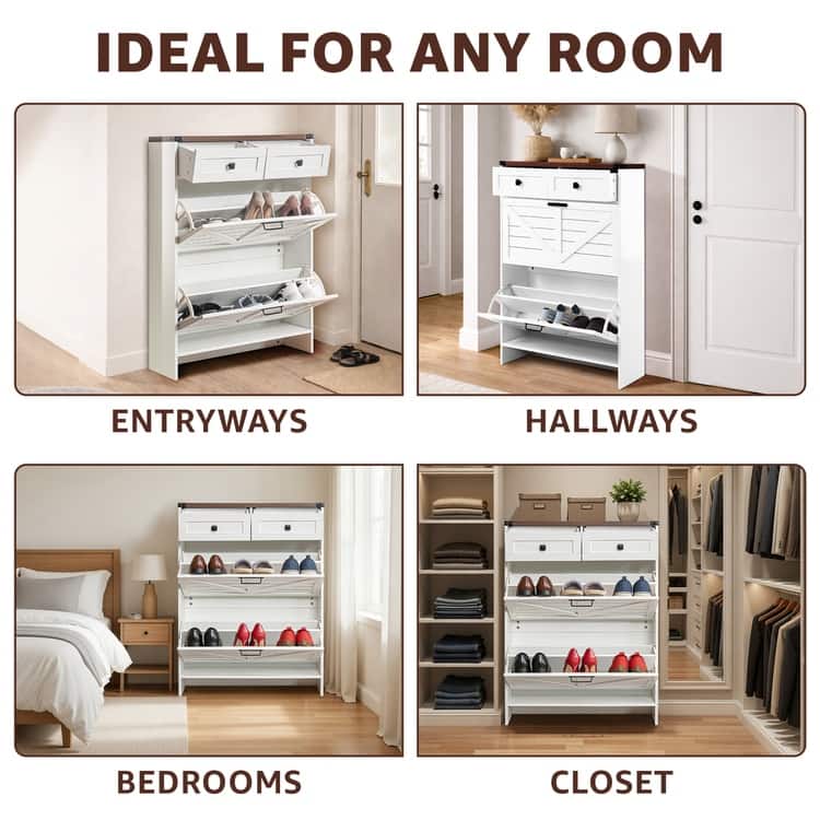 Farmhouse Shoe Cabinet with 2 Flip Drawers and 2 Storage Drawers – Slim Entryway Shoe Storage Cabinet, Narrow Shoe Organizer