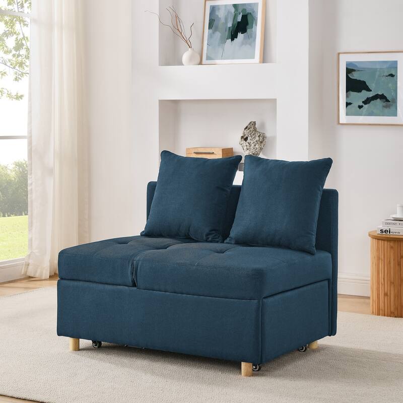 Roomfitters Convertible Sleeper Sofa Chair with Adjustable Backrest, Pullout Bed and Wheels, Linen Fabric - Blue