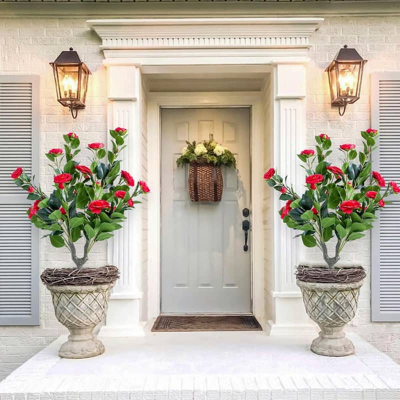 Set of 2/4 Artificial Topiary Ball Trees with Metal Stakes with Camellia Flowers