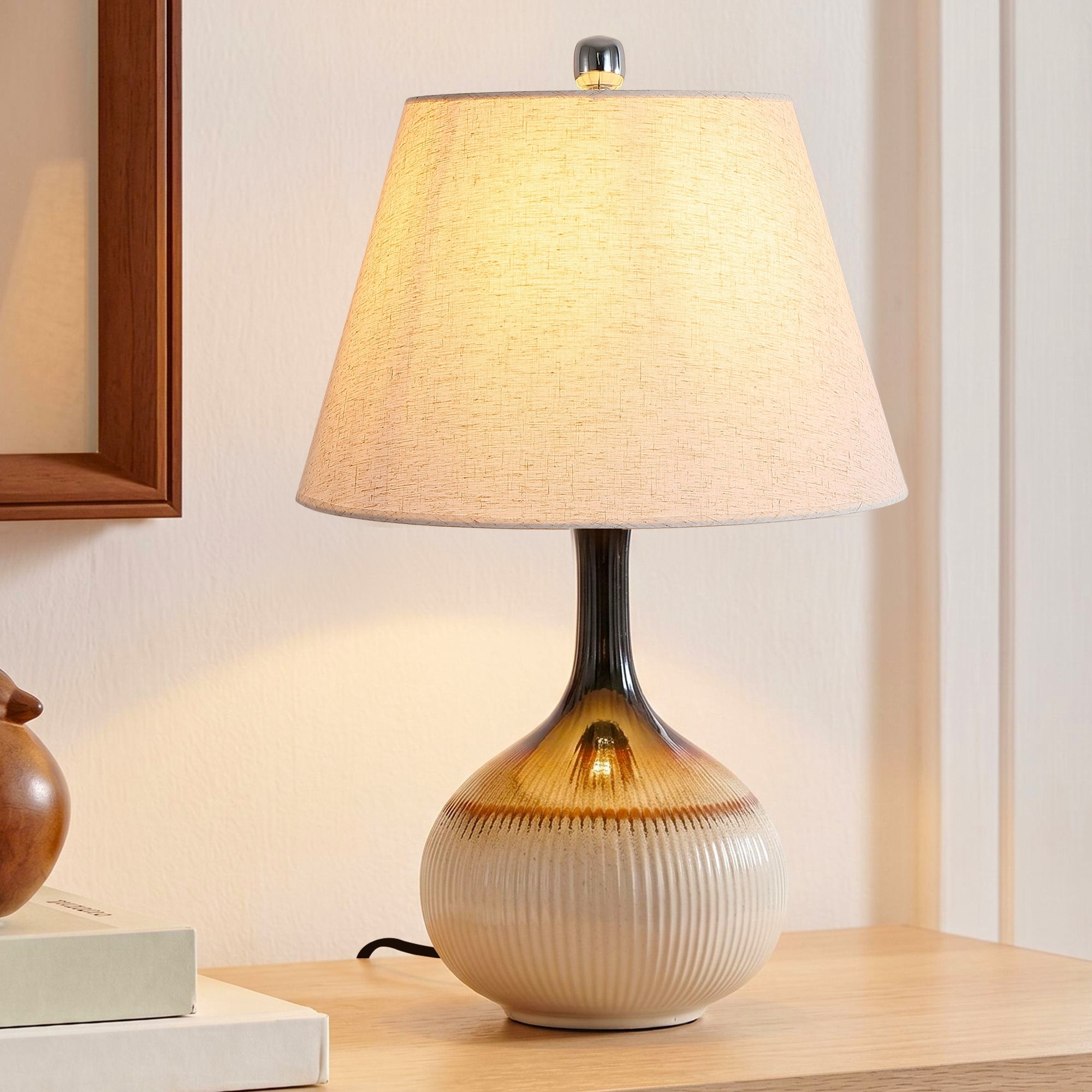 Modern Ceramic Table Lamp with Linen Shade, Amber & White Ginger Jar Base, 25.98" Bedside Lamp - 26 Inch
