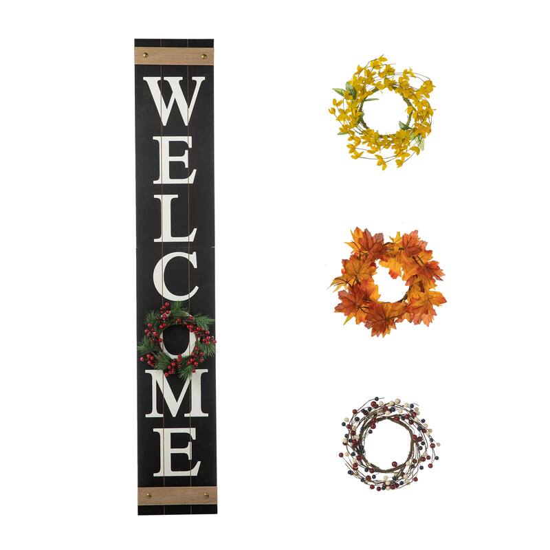 Glitzhome 60"H Wooden Welcome Porch Sign with 4 Floral Wreaths for Fall Halloween Thanksgiving Christmas Decoration