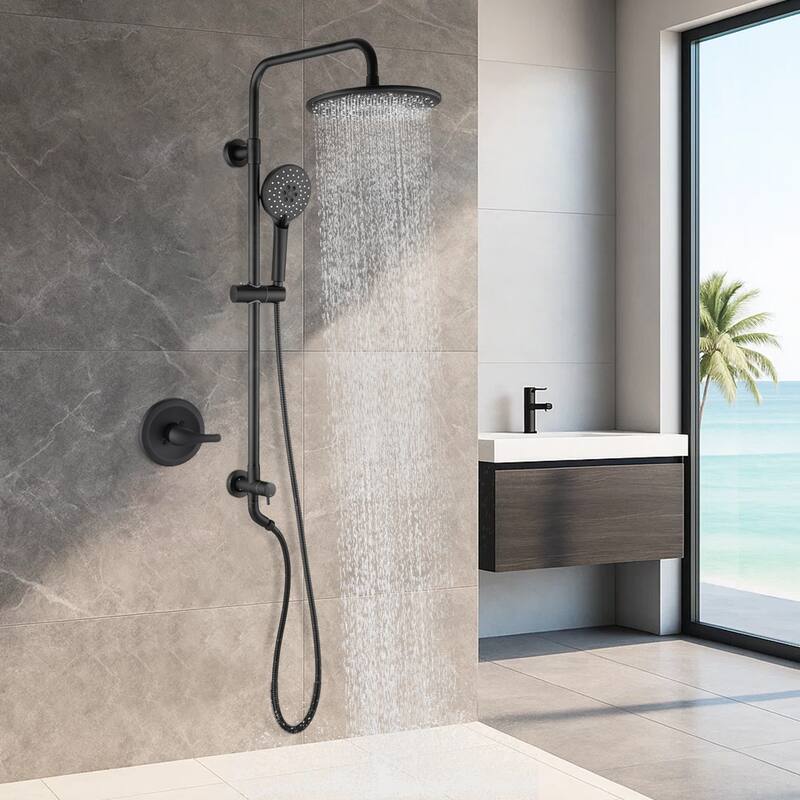 Wall Mounted Rain Showerhead and Hand Shower System with Adjustable Slide Bar (Rough-in Valve Included)