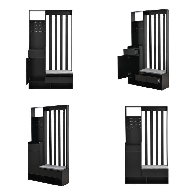 Entryway Coat Rack with Cushioned Storage Bench,4 Hooks and Pegboard