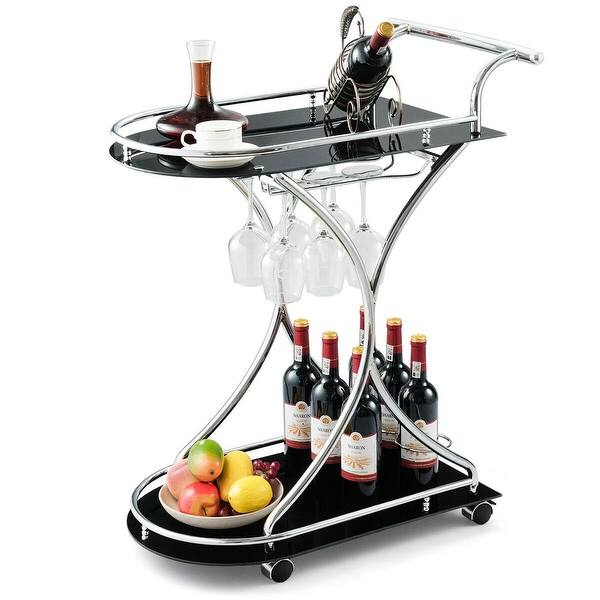 Shop Gymax Serving Cart Kitchen Bar Wine Cart 2 Tier Glass Shelves And Overstock 28916154