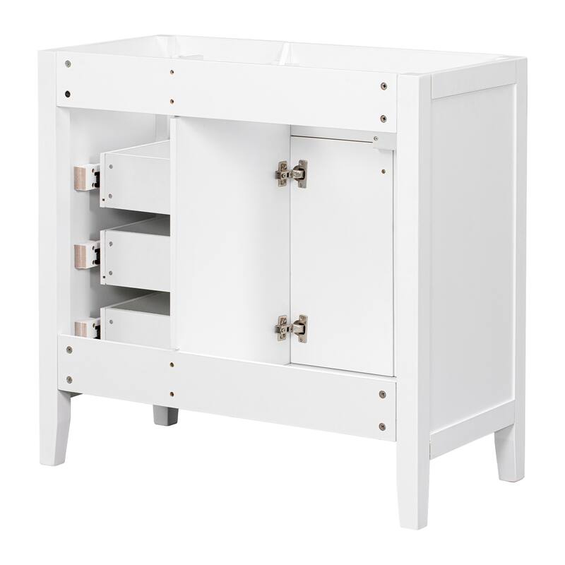 36" Modern White Bathroom Vanity Cabinet Base, 2 Doors & 3 Drawers, Solid Rubber Wood & MDF