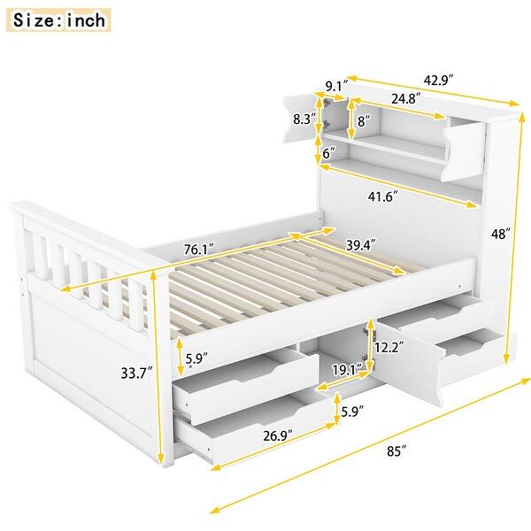 Twin Size Platform Bed Frame with Storage Bookcases and Shelves,4 Drawers