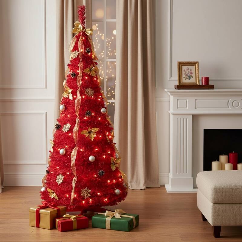 HomeRoots 6' Red Tinsel Pre Lit Pop Up Christmas Tree With Decorations - 30.00 in. x 72.00 in. x 30.00 in. - Red - 6 Foot