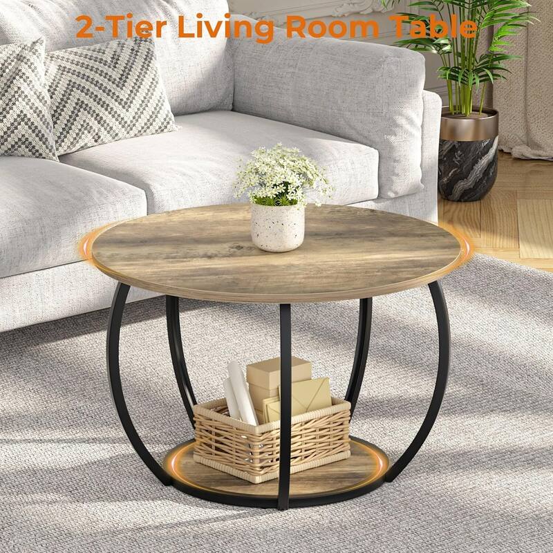Round Farmhouse Coffee Table w/Storage & Adj. Feet for Small Spaces
