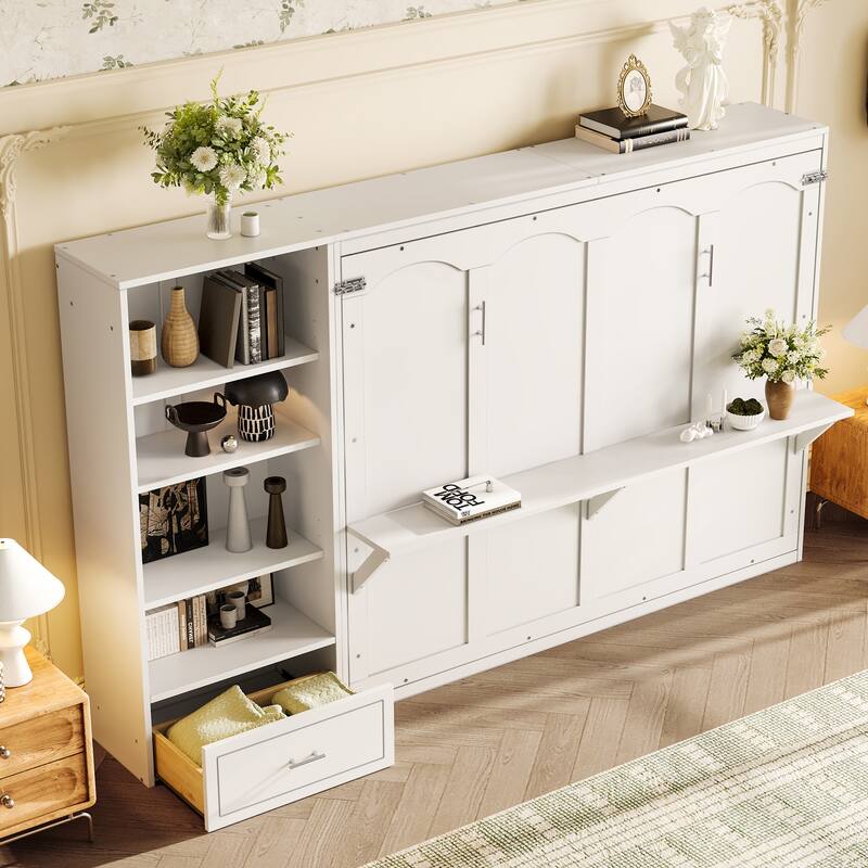 Murphy Bed Foldable Platform Bed Frame Queen Size Wall Bed with Drawer and Storage Cabinet Adjustable Height Compartments Shelf - White - Queen
