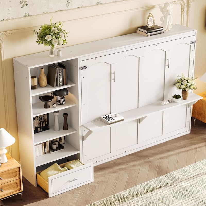 Queen Size Foldable Platform Bed With Height Adjustable Storage Compartments And Shelf,Wall Bed Frame With 1 Drawer