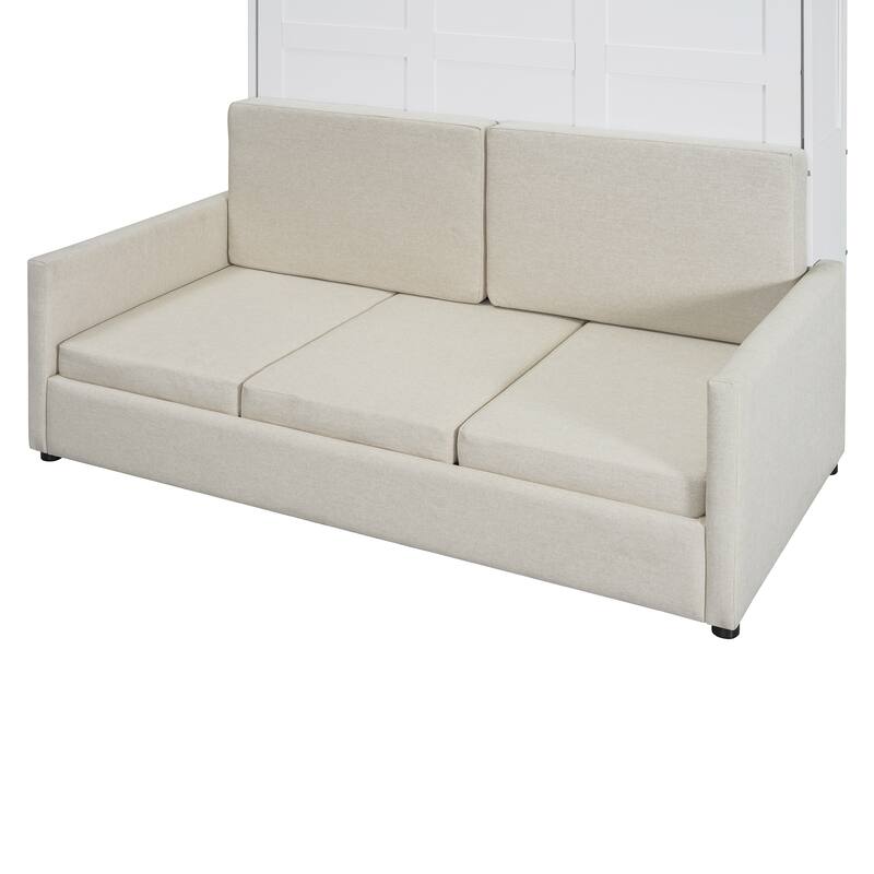 Multifunctional Full Size Wall Bed with Sofa and Storage, White/Gray