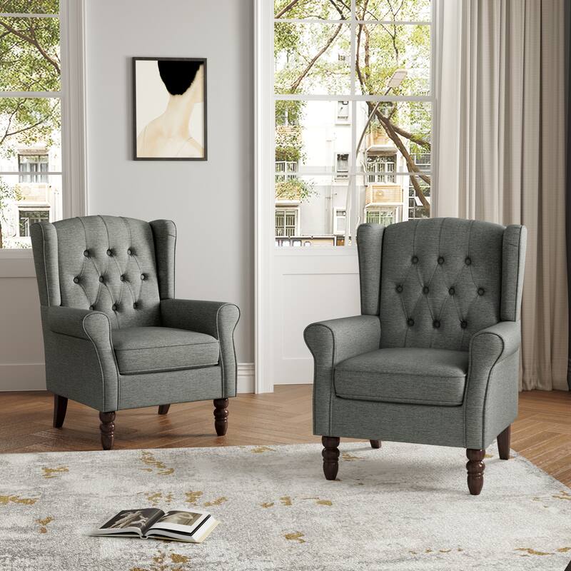 Button Tufted Armchair Wingback Wood legs Accent Chairs (Set of 2)