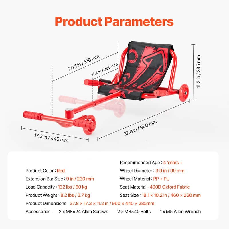 Ride on Scooter Zig-Zag Motion Drift Cart with Comfortable Handle and Steel Frame Ideal for Kids - 37.8” x 17.3” x 11.2”