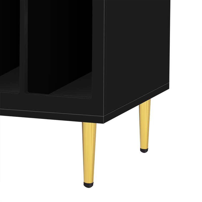 Modern TV Stand with Arched Shelves, Sliding Acrylic Door, Golden Metal Handles, and Ample Storage, Fits TVs up to 70 Inches.