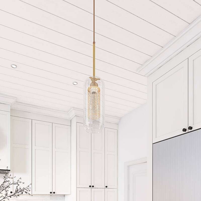 Modern Gold 1-Light Cylinder Clear Glass Style Pendant