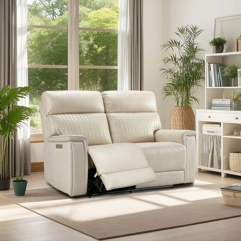 Genuine Leather Reclining Loveseat with Triple Power Adjustable Headrest, Lumbar Support, Zero Gravity, USB & USB-C Ports - Cream