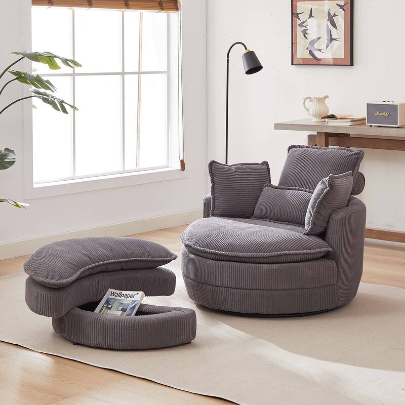 Oversized Swivel Chair with moon storage ottoman - Grey Corduroy