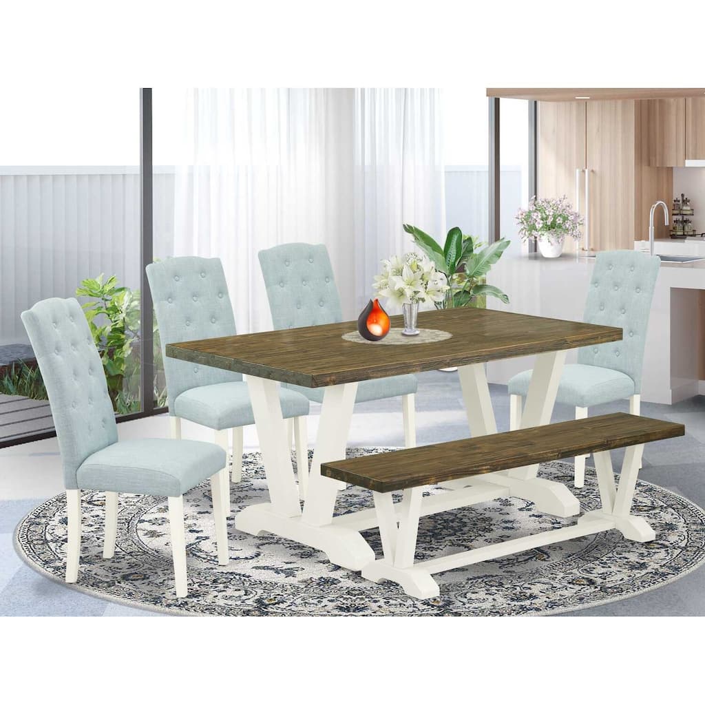 HomeStock 6-Piece Natural Oak Finish Solid Wood Top dining Table with 1-Bench and 4-Chairs