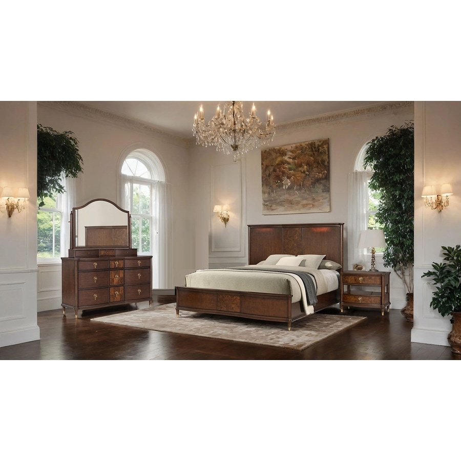 Modern Dark Cherry Finish 4 Piece Bedroom Furniture Set with LED Bed Dresser Mirror Nightstand