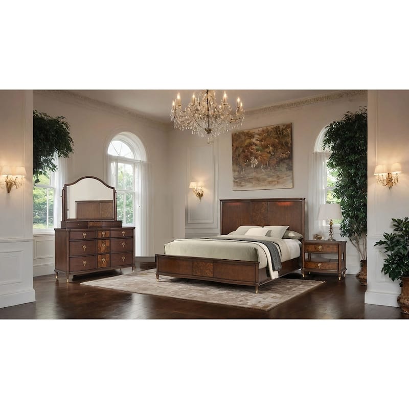 Modern Dark Cherry Finish 4 Piece Bedroom Furniture Set with LED Bed Dresser Mirror Nightstand