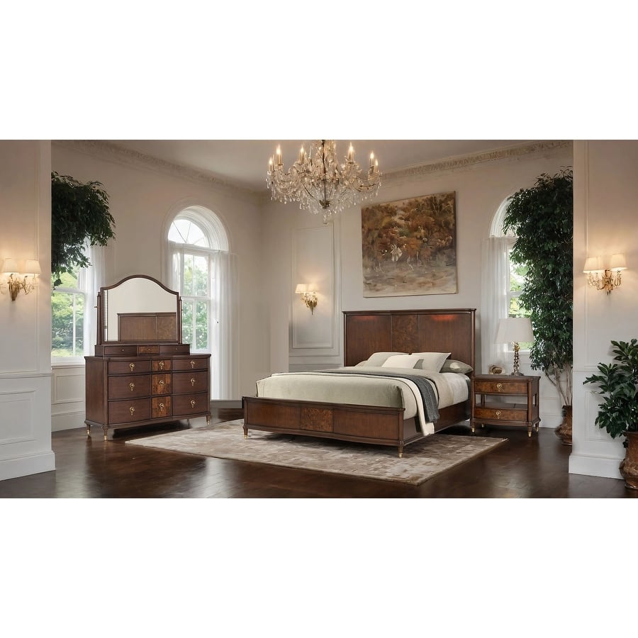 Modern Dark Cherry Finish 4 Piece Bedroom Furniture Set with LED Bed Dresser Mirror Nightstand