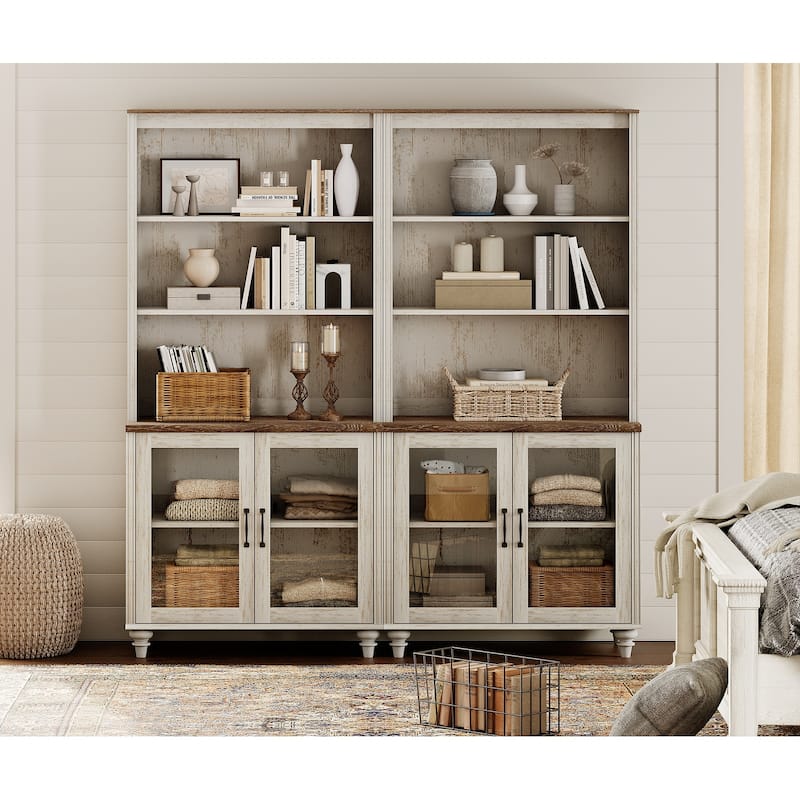 Rustic White Bookcase with Doors, Large Wood Farmhouse Book Case Shelf