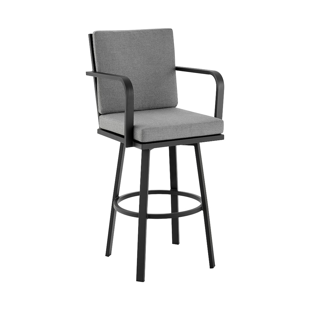 Fely Outdoor Swivel Barstool Chair, Black Aluminum and Gray Cushions