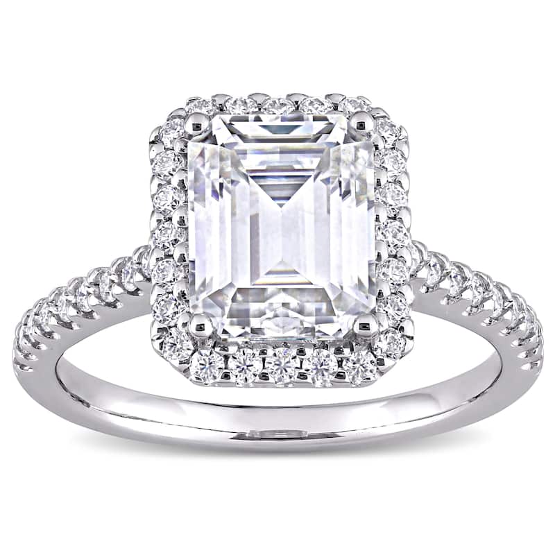 Miadora 2 7/8ct DEW Emerald-cut Moissanite Halo Engagement Ring in 10k White Gold