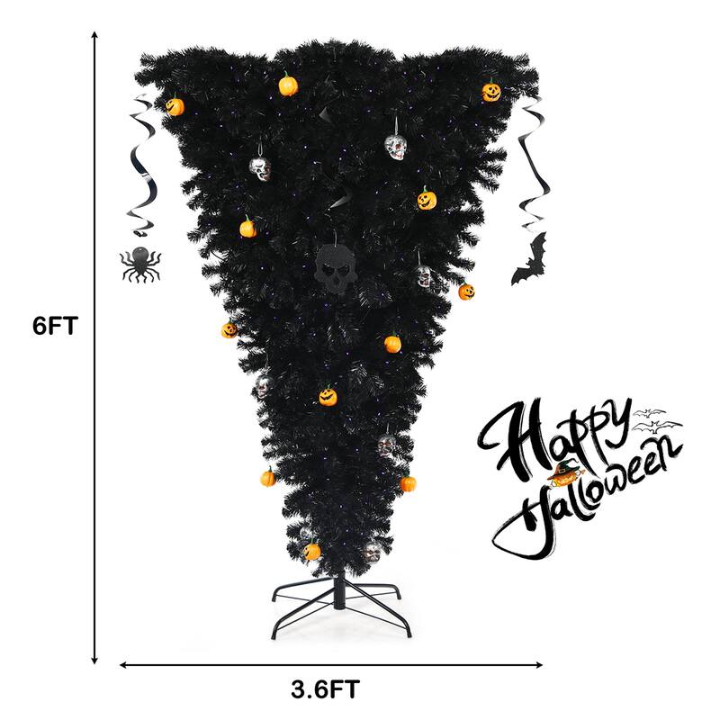 Gymax 6FT Pre-lit Upside Down Black Halloween Tree Artificial - See Details