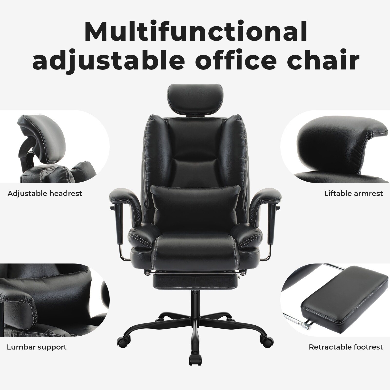 Office Chair Ergonomic 200 kg PU Leather Computer Chair with Lumbar Support and High Backrest