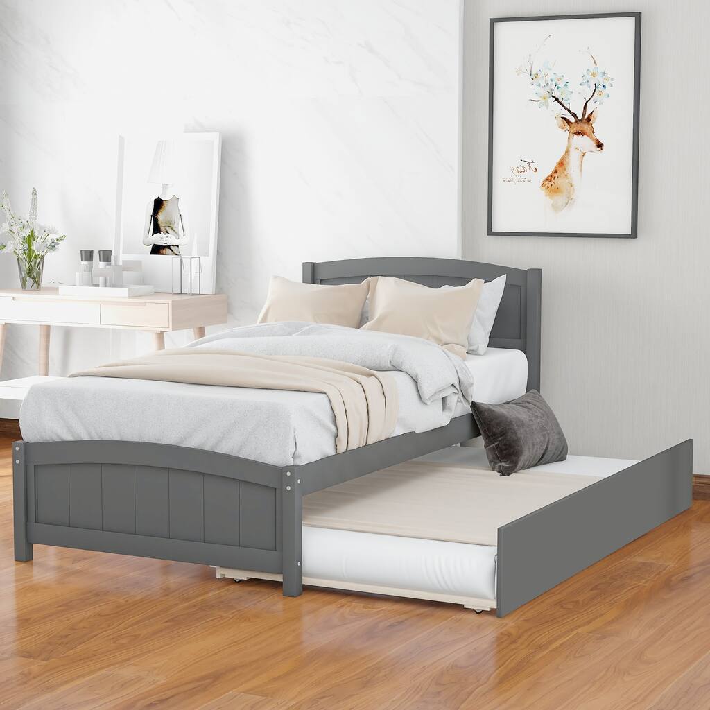 Minimalistic Twin Size Platform Bed with Trundle in Gray, Solid Pine Construction