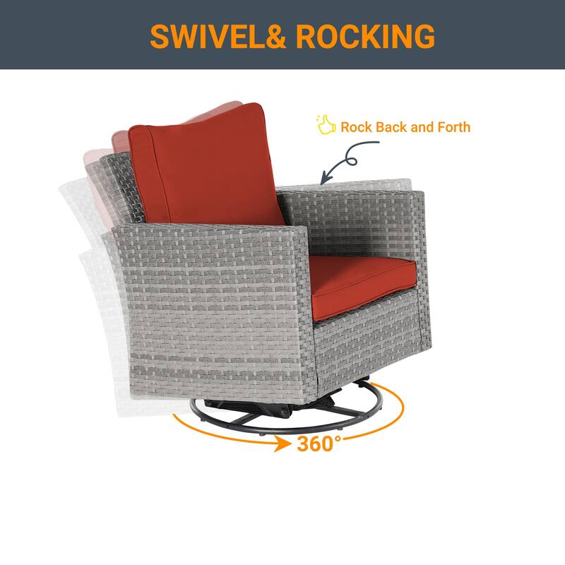 LIVOOSUN 3-Piece Patio Sofa Set Outdoor Rattan Swivel Rocking Chair Glass Table
