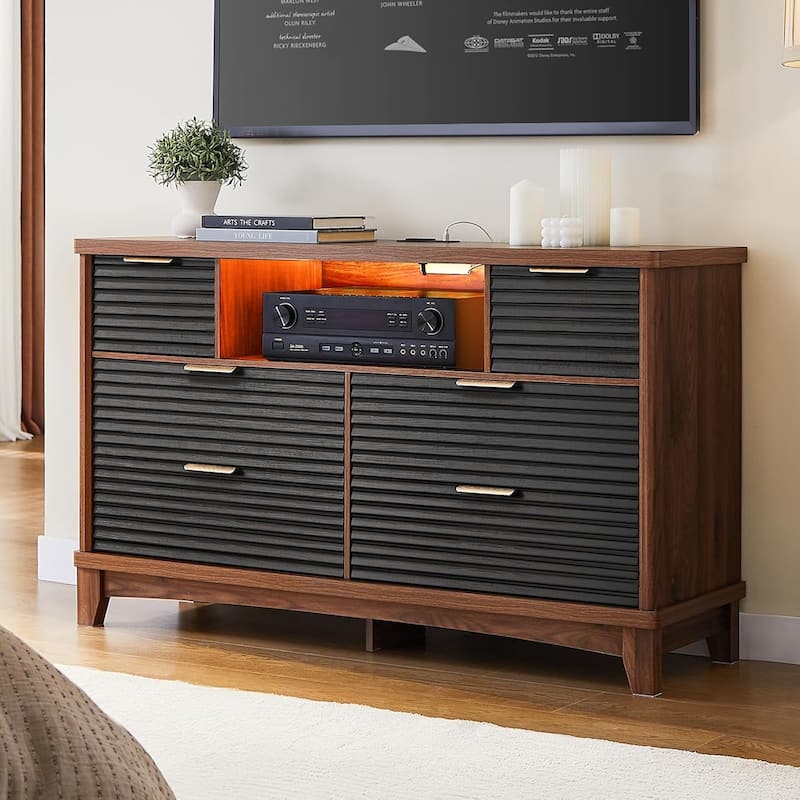 Wooden Drawers Dresser with Charging Station Dresser for Bedroom Chest of Drawers - Black&brown - 6-drawer