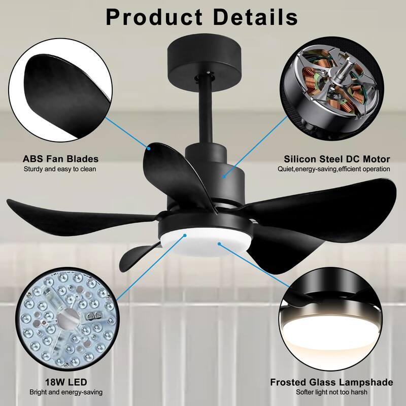28 inch Ceiling Fan with Light Remote APP Control 5 Blades 3 Dimmable 6 Speed Bedroom