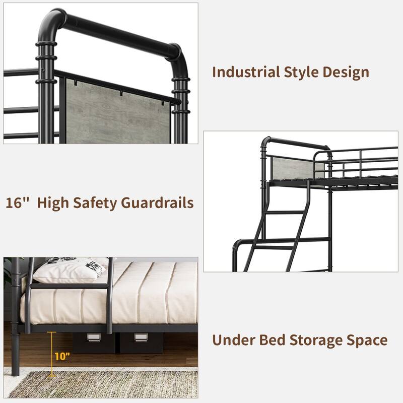 Metal Bunk Bed Twin Over Full Size, with Angled Ladder, High Guardrail