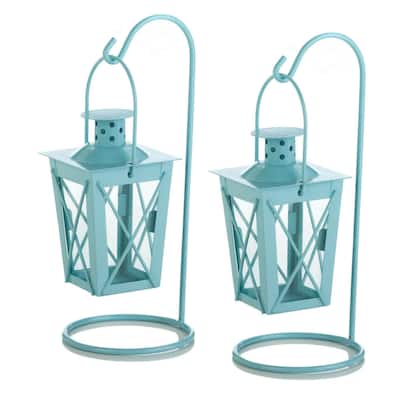 Set of 2 Blue Railroad Contemporary Hanging Lanterns 9.5"