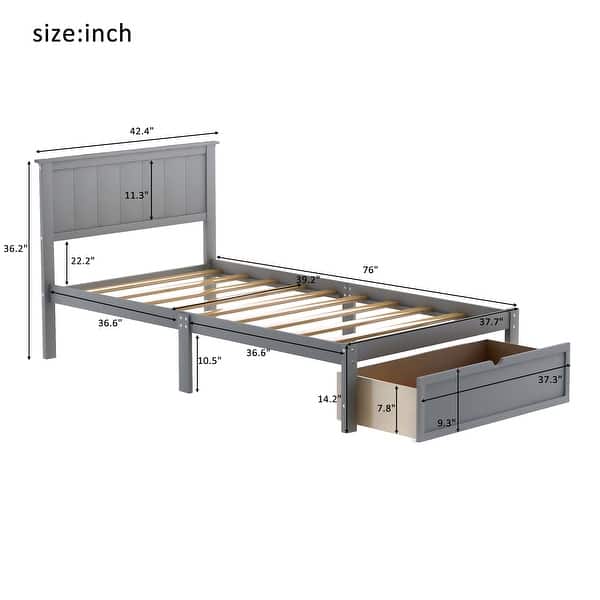 dimension image slide 1 of 3, Wood Platform Bed with Under-Bed Drawer