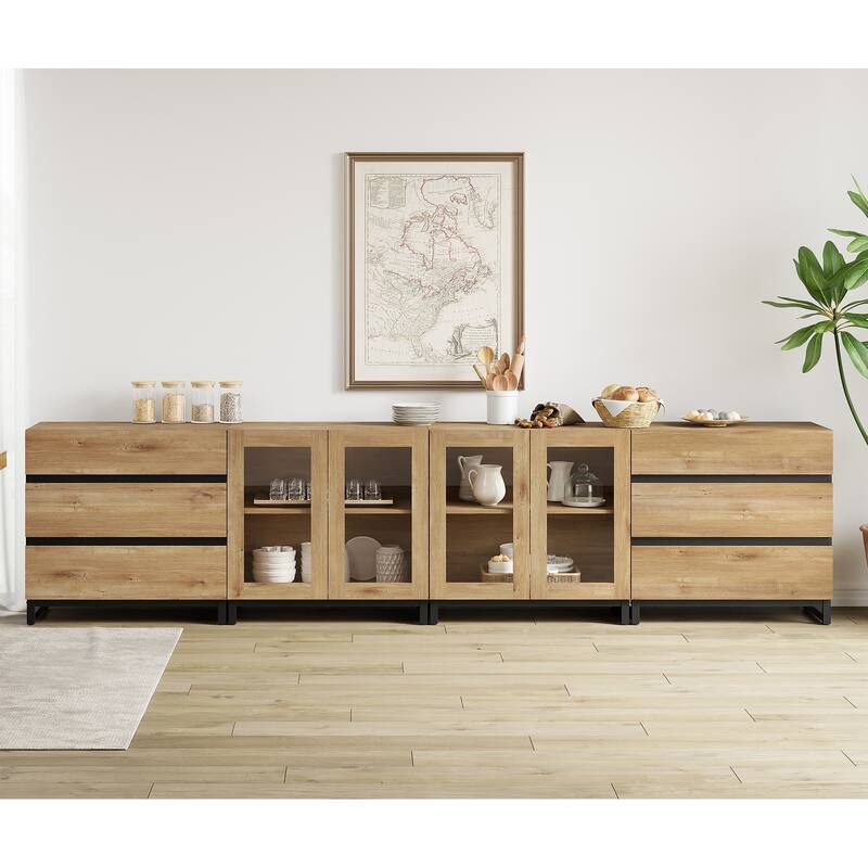 4 in 1 Storage Cabinet with 6 Drawers & Glass Doors, Modern Sideboard Credenza with Adjustable Shelves, Coffee Bar for Kitchen
